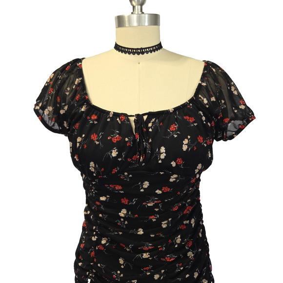 Vintage Y2K Black Floral Milkmaid Mini Dress Size S Mesh Goth 90s Style Grunge - Picture 2 of 7